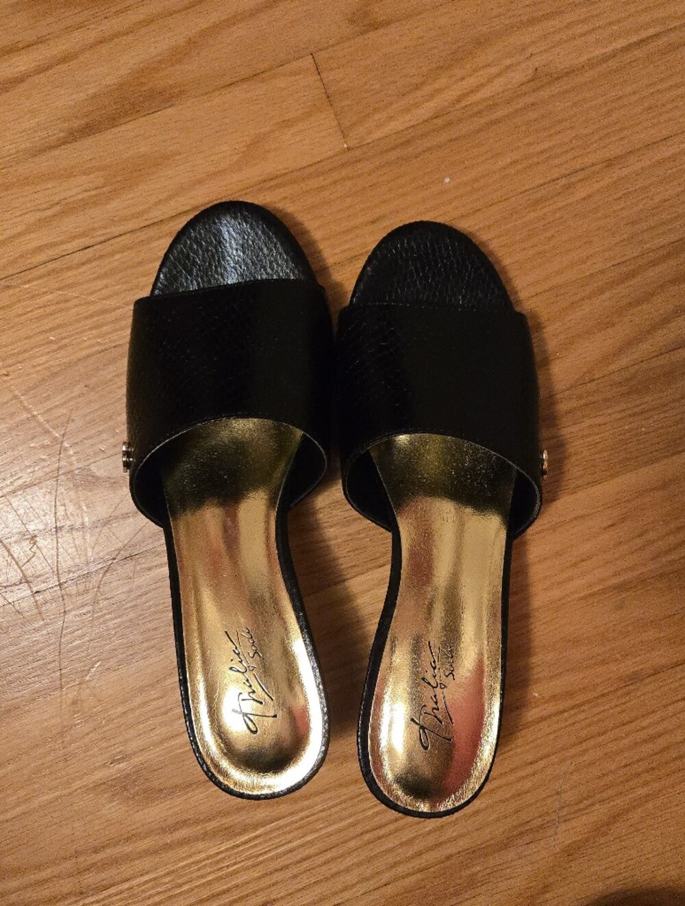 Thalia Sodi - "Riya" Black and Gold Heeled Slides, Size 7.5